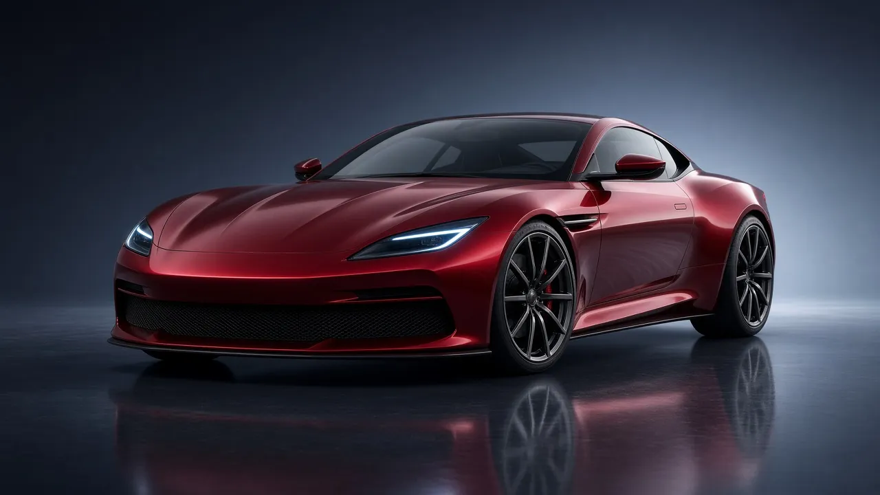 Deep red sports coupe in a slate studio