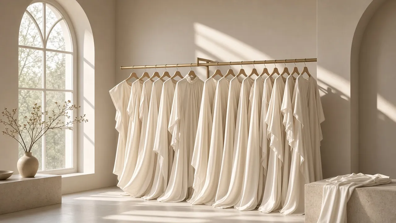 Ivory silk garments on a rail in a sunlit boutique