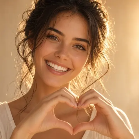 Smiling friend making a heart with her hands (AI-generated, not a real person)