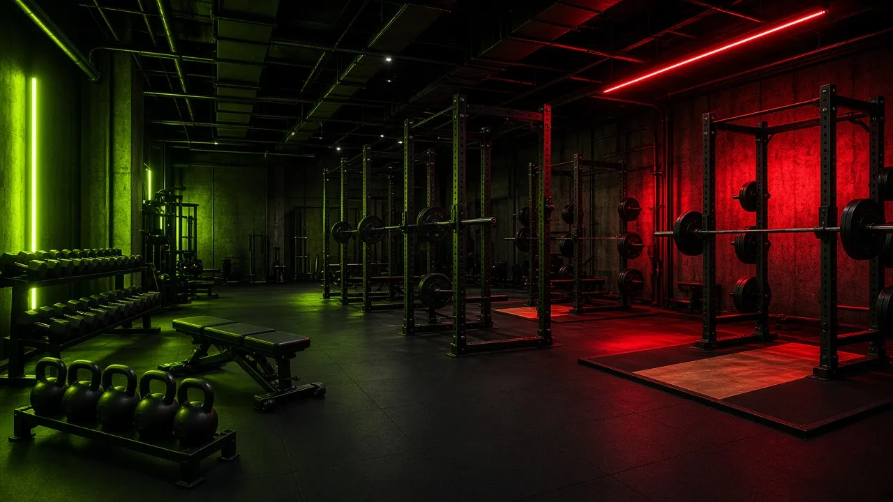 Industrial gym with squat racks under lime and red lights