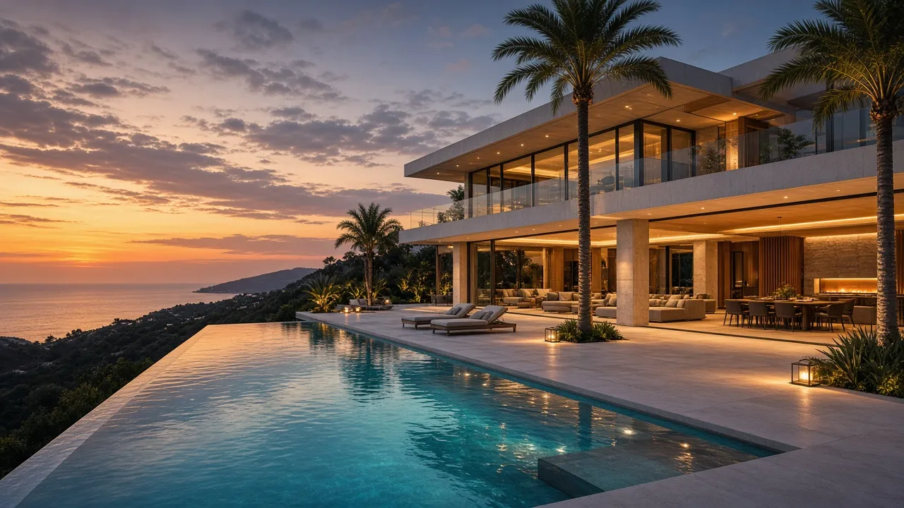 Modern villa with infinity pool at dusk