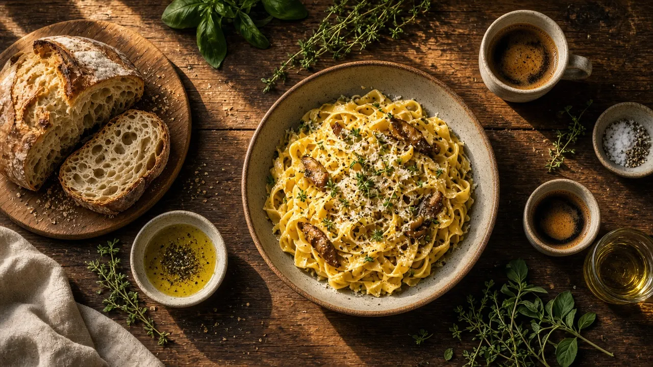 Fresh pasta, sourdough and espresso on a rustic table